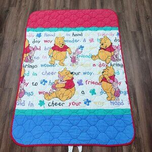 Vtg Winnie the Pooh Piglet Crib Comforter blanket quilt red blue words 53 x 37
